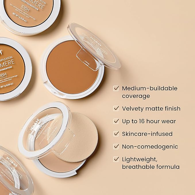 JOAH Perfect Complexion Cashmere Powder Foundation, Medium Face Coverage, Matte Finish, Korean Makeup, Compact Design For Oily & All Skin Types, 16 Hour Wear, Tan with Warm Undertones