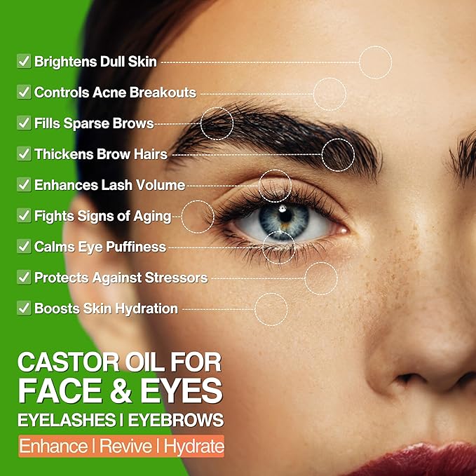 Organic Castor Oil For Face Moisturizer, Eyes, Eyelashes, Eyebrows, Wrinkles with Jojoba, Rosehip, Grapeseed, Squalane, Palmarosa, Bergamot and Vitamin E for Sensitive Skin, Men & Women 2oz