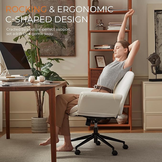 Dowinx Criss Cross Chair with Five-Level Adjustable Arms and Wheels - Comfortable Ergonomic PU Leather Swivel Vanity Chair - Computer Makeup Gaming Chair for Home Office, Bedroom, Vanity Room (Beide)
