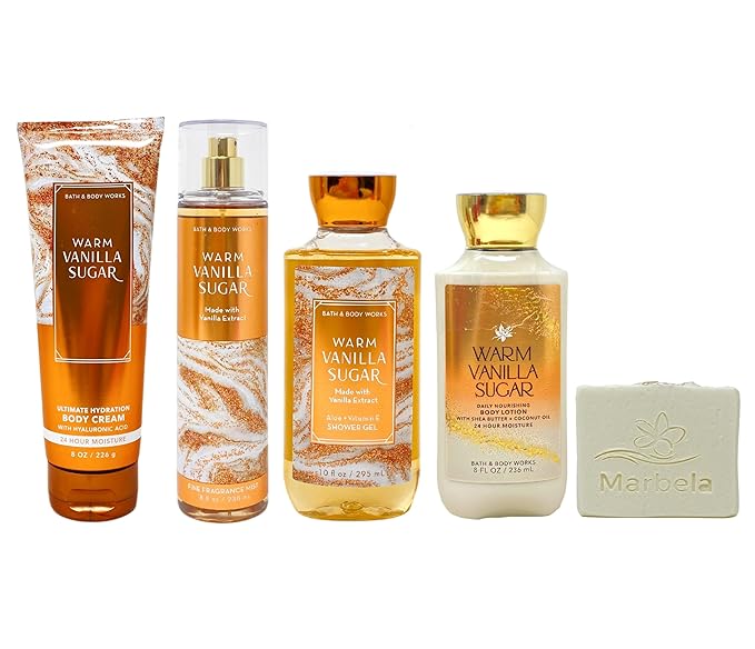 Bath & Body Works Warm Vanilla Sugar Deluxe Gift Set Bundle - Fragrance Mist - Body Cream - Shower Gel and Body Lotion - with a Natural Oats Bar Soap - Full Size