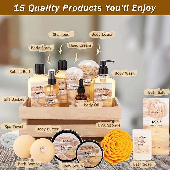 Bath Spa Gift Sets - Luxury Basket With Honey & Almond - Bath Kit With Body Wash, Bubble Bath, Lotion, Body Butter, Soap, Towel in Luxury Wooden Basket
