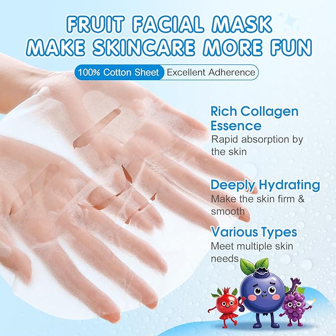 28 Pack Fruit Face Masks Skincare for Kids Girls, Sheet Collagen Face Mask for Women Skin Care, Bulk Hydrating Facial Mask for All Skin Types, Easter Basket Stuffers and Party Spa Gifts for Teens