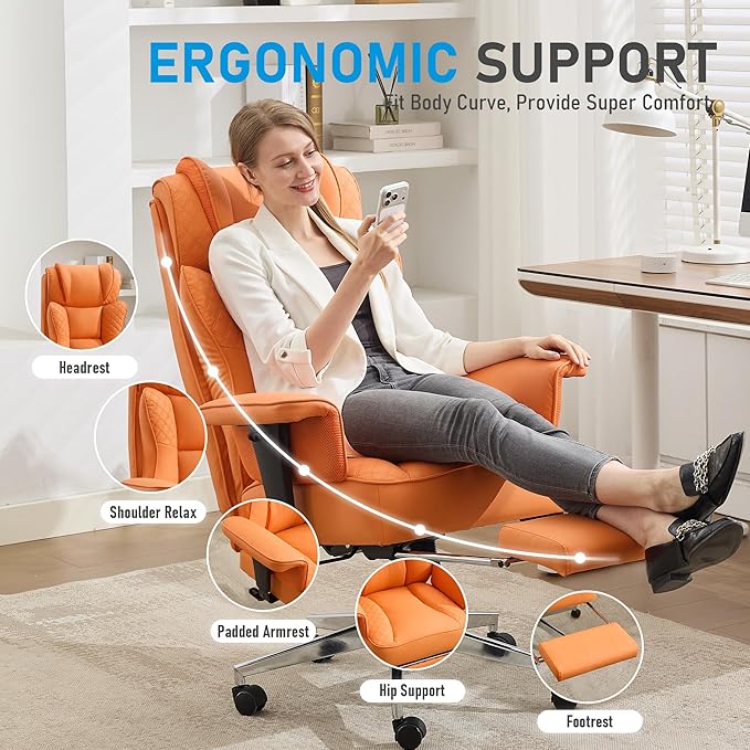 Big and Tall Office Chair, High-Back Leather Executive Reclining Chair with Footrest, Ergonomic Wide Computer Desk Chairs, Comfy Gaming Chair with Lumbar Support and Adjustable Padded Armrests(Orange)