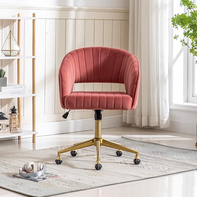Home Office Chair Swivel Velvet Desk Chair Accent Armchair Upholstered Modern Tufted Chairs with Gold Base for Girls Women Ergonomic Study Seat Computer Task Stools for Living Room(Rose)