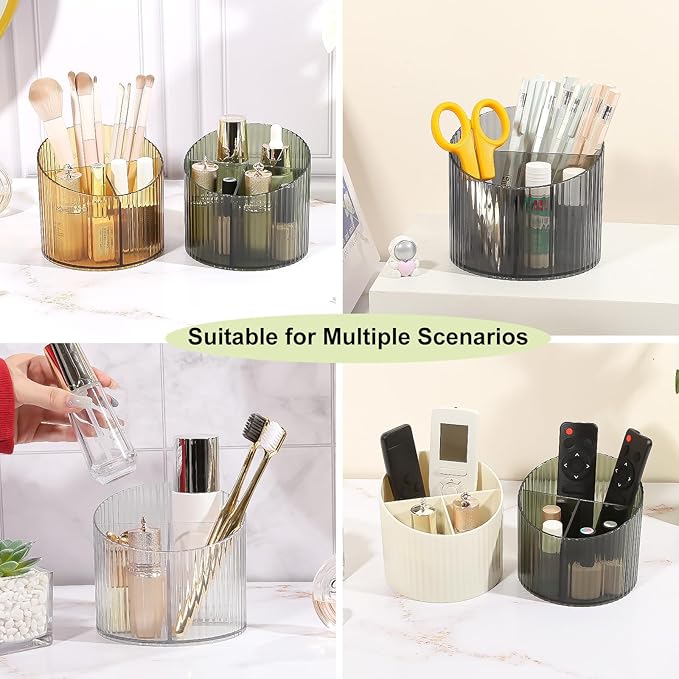 DASITON 3 Slots Makeup Brush Holder, Acrylic Makeup Brush Cup, Vintage Striped Make Up Brush Holder for Vanity Decor, Bathroom Countertops, Desk Storage Container, Cosmetic Display Cases (Cream)