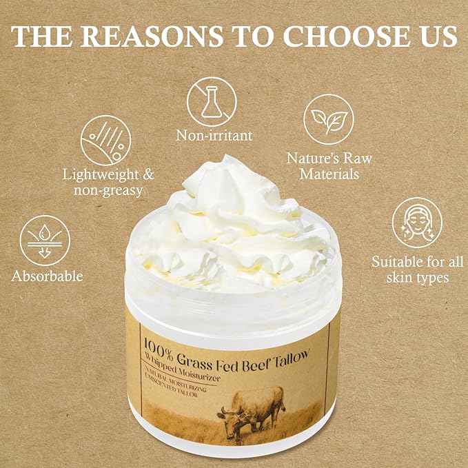 Beef Tallow for Skin, Beef Tallow for Face,Unscented Natural Face Moisturizer, Whipped Tallow Balm, Deeply Moisturizes and Soothes the Skin, 1.7 OZ