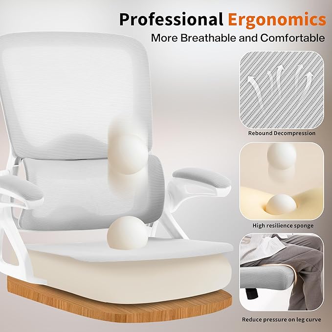 Ergonomic Office Chair,Mesh Office Chair with Lumbar Support,Mid Back Desk Chair with Flip-up Arms,400 lbs Comfy Computer Chair for Home Office (Light Grey)