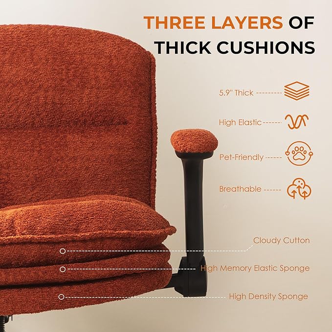 Dowinx Criss Cross Chair with Adjustable Flip-up Arms and Wheels, Comfort Ergonomic Office Desk Armchair with 3 Layer Cushions, Wide Seat Vanity Chair for Home Office, Living Room, Bedroom, Orange