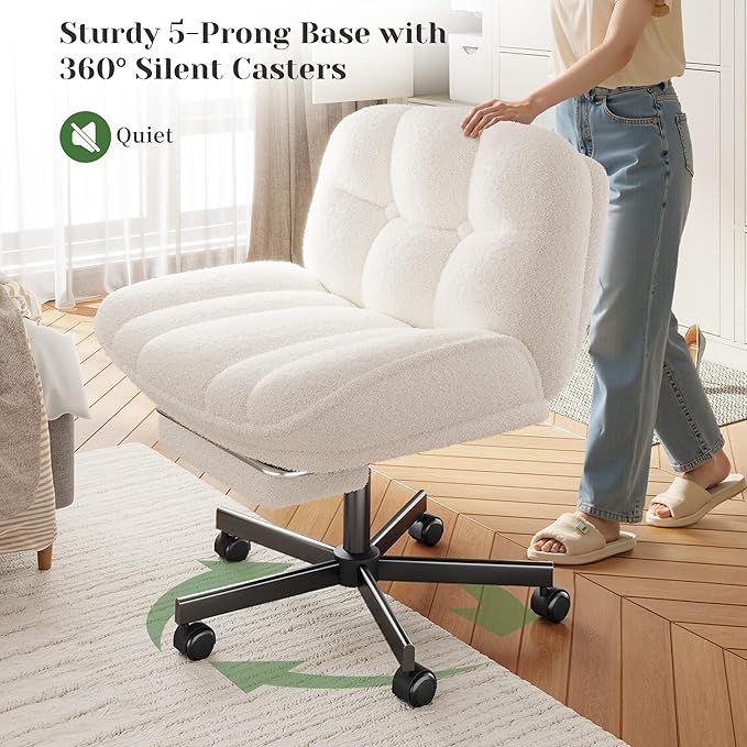 Cross Legged Office Chair with Foot Rest, 6.3" Thick Cushioned Criss Cross Chair with Wheels, Height Adjustable Swivel Vanity Chair for All-Day Comfort (White)