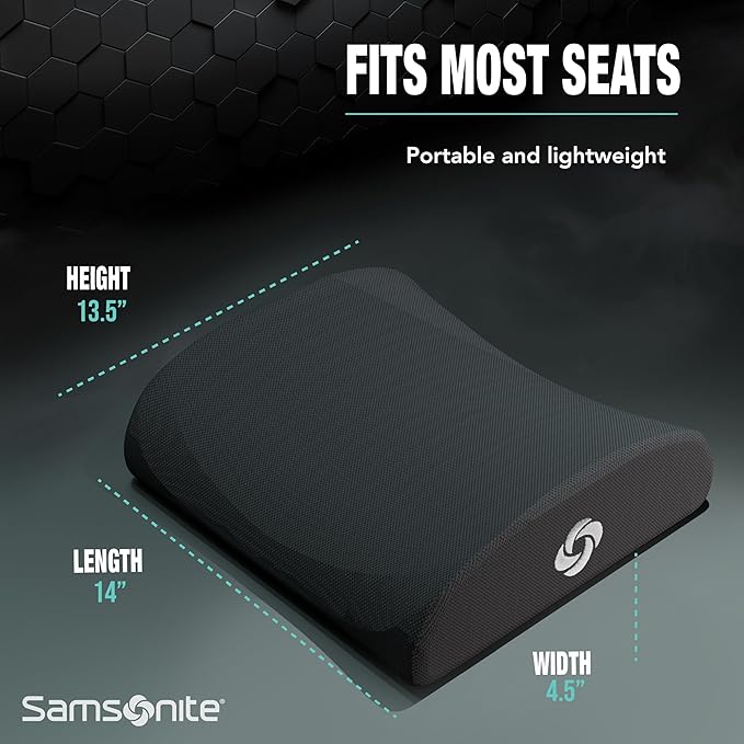 Samsonite Memory Foam Lumbar Support Pillow for Office Chair, Gaming Chair, or Automotive Use, Ergonomic Back Cushion, Home Office Essentials for Sitting Comfort and Posture Relief Back Support