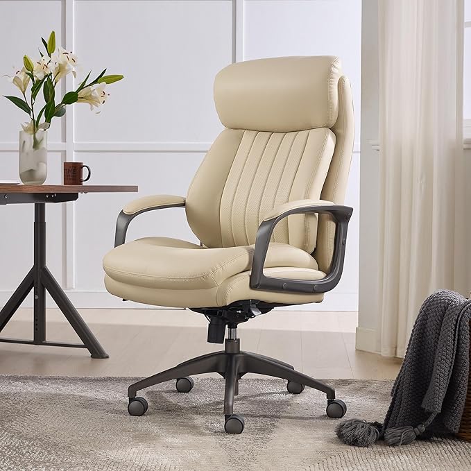 La-Z-Boy Nova Executive Office Chair - Ergonomic High Back Desk Chair with AIR Lumbar Support - Comfortable Computer Chair for Home Office - Vegan Leather - Cream
