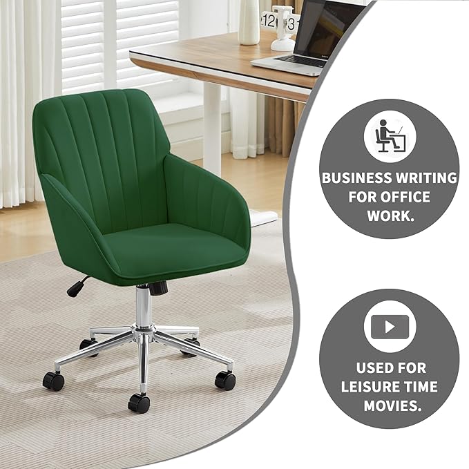 YITAI Velvet Office Desk Chair with Silver Foot Base, with Wheels,Modern Height Adjustable 360 Degree Swivel Upholstered Vanity Chairs with Arms for Living Room Bedroom,Green
