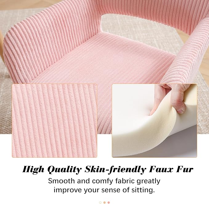 HENJIANYI Home Office Corduroy Desk Chair, Makeup Vanity Chair, Comfy Accent Armchair with Wood Grain Metal Legs, Cute Dining with Hollowed Back, Pink