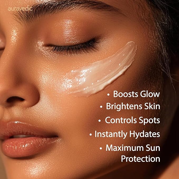 Auravedic Kumkumadi Face Serum Sunscreen SPF 50 | Lightweight Broad Spectrum Daily Face Sunscreen with Saffron | Non-Greasy Moisturizing Sun Protection for Smooth Even-Looking Skin | 1.76 Oz (50g)