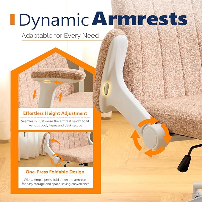 VINGLI Criss Cross Chair with Adjustable Flip-Up Arms,Cross Legged Chair with Wheels, Extra Wide Office Chair,Cozy Desk Chair for Home Office, Vanity, Apartment,Chenille Velvet,Orange
