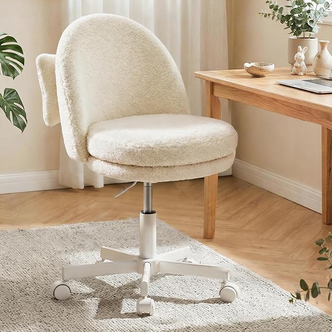 GTPOFFICE Vanity Chair with Back, Adjustable Tall Office Chair High Swivel Bar Stools Fluffy Cute Desk Chair Comfy with Wheels Bow Pillow Armlees for Adults Standing Desk Bar, Teddy Velvet, White