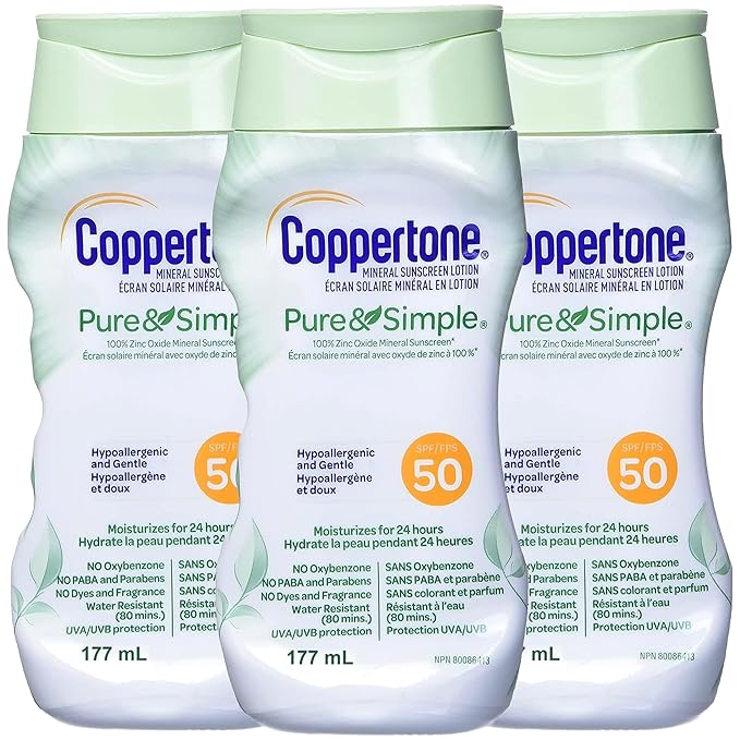 Coppertone Pure and Simple Zinc Oxide Mineral Sunscreen Lotion SPF 50, Body Sunscreen, Water Resistant, Broad Spectrum SPF 50 Sunscreen for Sensitive Skin, 6 Fl Oz Bottle (Pack of 3)