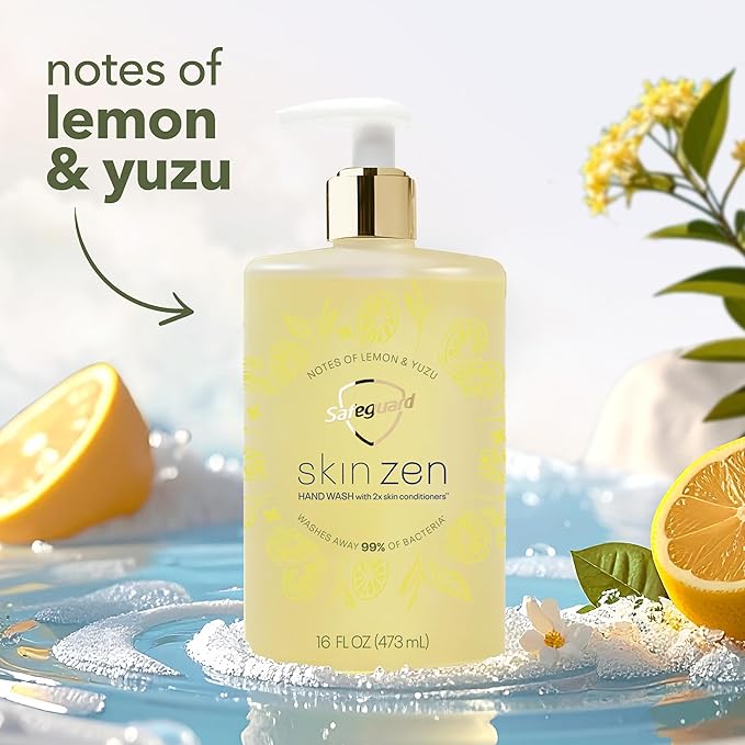 Safeguard Liquid Hand Soap, Skin Zen, Washes Away 99% Bacteria, Made with Natural Moisturizers & 2X Skin Conditioners, Safeguarding Families, PH Balanced Formula, Lemon & Yuzu Scent, 16 oz