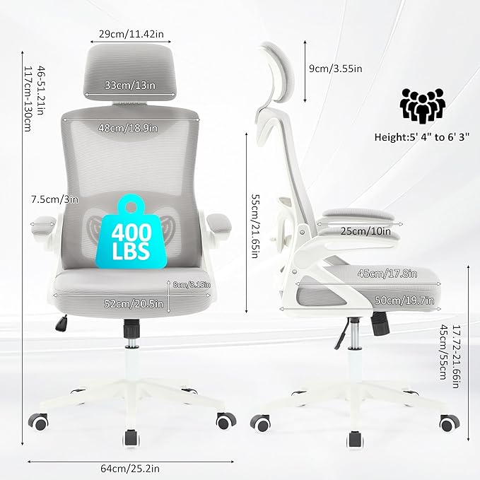 Fizzin Ergonomic Office Chair,Ergonomic Desk Chair with Headrest Mesh Computer Chair with High Back Adjustable Lumbar Support, Rolling Swivel Chairs with Wheel Armrests for Home Office(Gray)