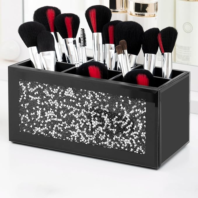 SHYFOY Black Makeup Brush Holder Organizer, 6 Slots Glass Makeup Cosmetics Organizers and Storage for Vanity Countertop
