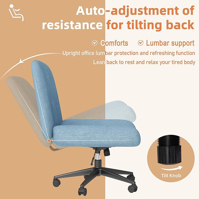 Shintenchi Criss Cross Chair,Cross Legged Office Seat with Wheels Armless Swivel Vanity Chair,Height Adjustable Wide Computer Task Seating for Home Office,Blue ﻿