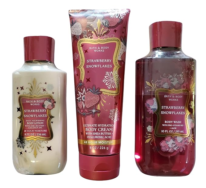 Bath & Body Works Women's Strawberry Snowflakes Body Gel Wash, Lotion and Ultimate Hydration Cream 3 Piece Set