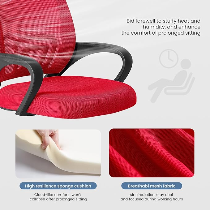 DUMOS Home Office Chair - Ergonomic Mid Back Mesh Desk Chair with Lumbar Support & Rocking Mode, Height Adjustable with Fixed Armrest, for Computer, Gaming, Meeting, 360° Swivel, Red