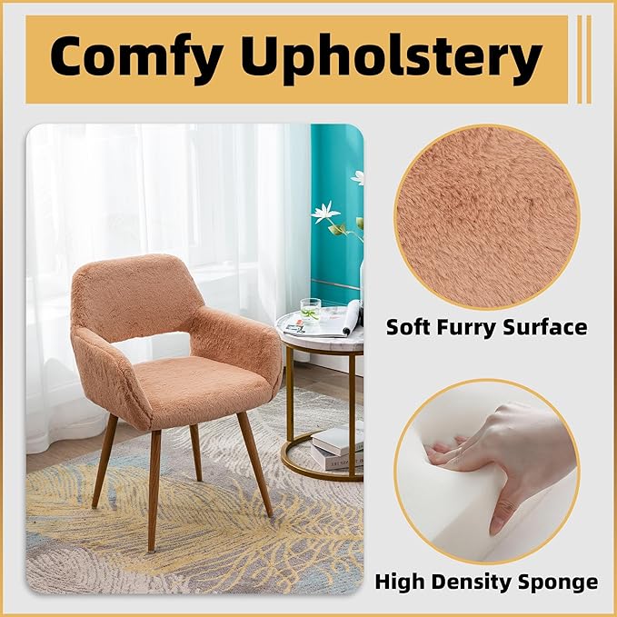 Furry Desk Chair Set of 4, Modern Home Office Chair Without Wheels, Faux Fur Vanity Chair with Hollow Backrest, Comfy Armchair Wood Frame with Strudy Metal Legs, Camel