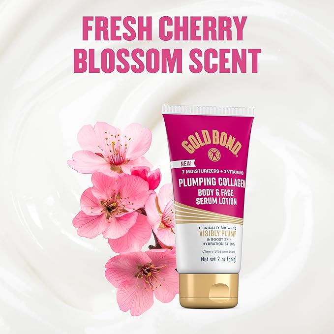 Gold Bond Plumping Collagen Body & Face Serum Lotion, Lightweight Hydrating Moisturizer with Collagen Peptide Complex, Jojoba & Grapeseed Oils to Visibly Plump Skin, Cherry Blossom Scent, 2 oz, 6 pack