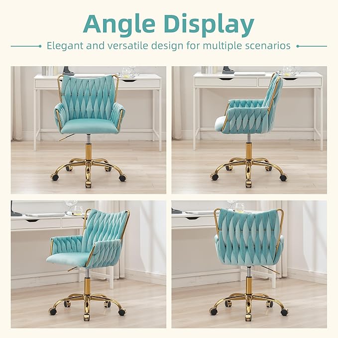 ABET Velvet Desk Chair with Wheels, Cute Upholstered Swivel Office Chair, Modern Gold Rolling Hand Woven Height Adjustable Armchair for Women Girls Home Makeup, Vanity, Nail Salon, Light Blue