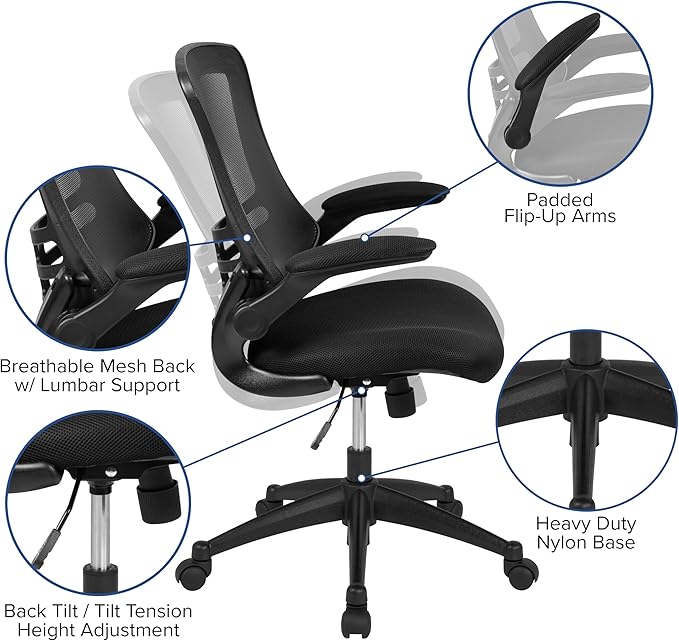 Flash Furniture Kelista Mid-Back Swivel Office Chair with Adjustable Seat Height, Ergonomic Mesh Desk Chair with Flip-Up Armrests, Black