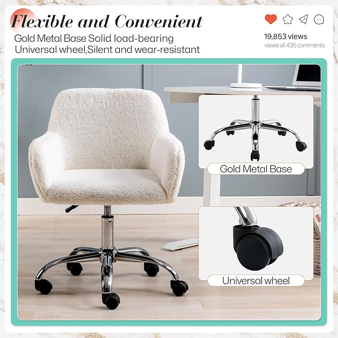 Faux Fur 360°Swivel Desk Chair, Height Adjustable Home Office Armchair with Slivery Base for Teens Women Girls, Upholstery Computer Chair for Home Studios, Sherpa & White