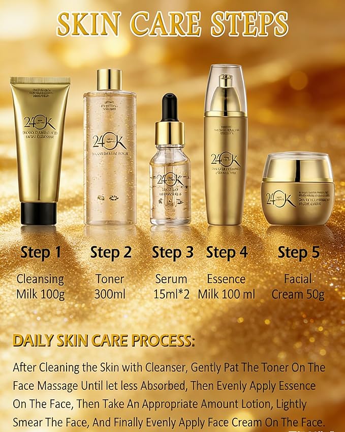 24K Gold Skin Care Set for Women, 6-Piece Collection Anti-Aging Skincare Kit: Facial Cleanser 100g, Toner 300ml, Essence Milk 100ml, Face Cream 50g, 2 Serums 15ml for Valentine's Day, Mother's Day
