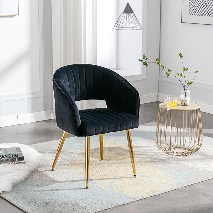 Modern Velvet Vanity Chair, Home Office Desk Chair with Hollow Back, Upholstered Dining Chair with Gold Metal Legs, Comfy Accent Armchair for Living Room Bedroom, Black