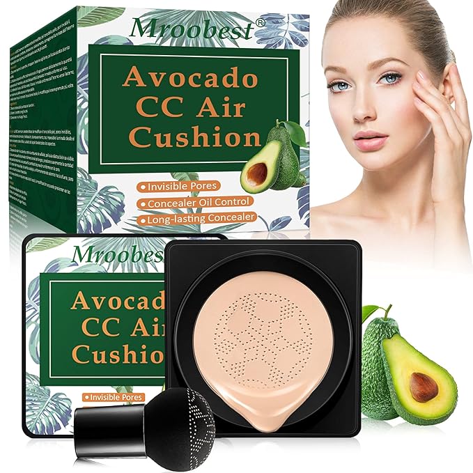 Mroobest BB Air Cushion, Avocado BB Cream, CC Cream, All-Day Lasting Nude Makeup Foundation, with Mushroom Air Cushion, Even Skin Tone Makeup Base, Easy to Apply, Thin, Moist