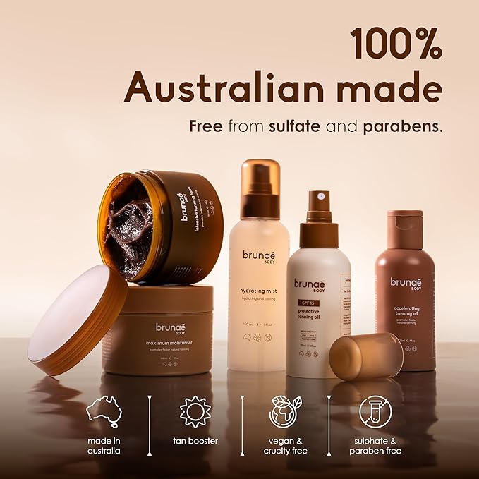 BRUNAE BODY® Maximum Tanning Moisturizer [FOR DARKER & FASTER TAN] - Skin Firming Pre-Tan Preparation Lotion - Hydrating Body Lotion for Sun Bed with Jojoba, Avocado & Tamanu Oil - Vegan & Aussie Made