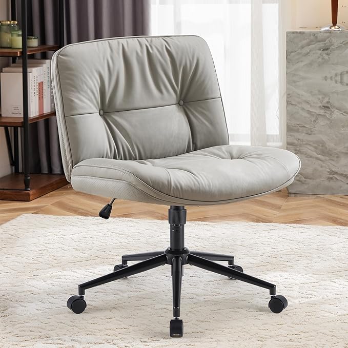 OLIXIS Criss Cross Chair with Wheels, Armless Wide Cross Legged Vanity Office Desk Chair with Comfy PU Leather& Back - Swivel for Home Office Bedroom, Gray