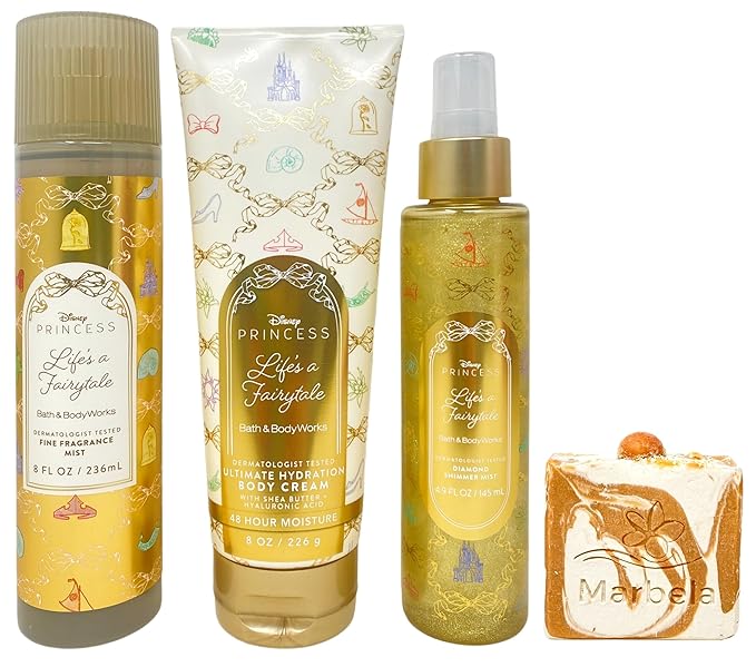 Bath & Body Works Limited Edition Princess Collection Life's a Fairytale Fine Fragrance Mist, Ultimate Hydration Body Cream and Diamond Shimmer Mist with a Peach Gardenia Bar Soap