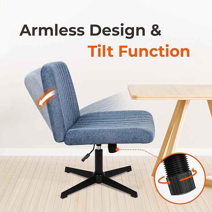 NEO Chair Criss Cross Chair No Wheels Armless Cross Legged Office Desk Wide Comfy Vanity Makeup Chair Adjustable Computer Task for Home Office Fabric (Blue)
