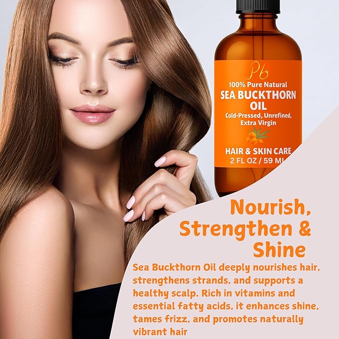 Sea Buckthorn Oil – 100% Pure Cold-Pressed from Fruit & Seed – Sea Buckthorn Seed Oil for Face, Hair, Skin & Nails – Supports Radiant, Youthful-Looking Skin – Amber Glass Bottle 2 fl oz