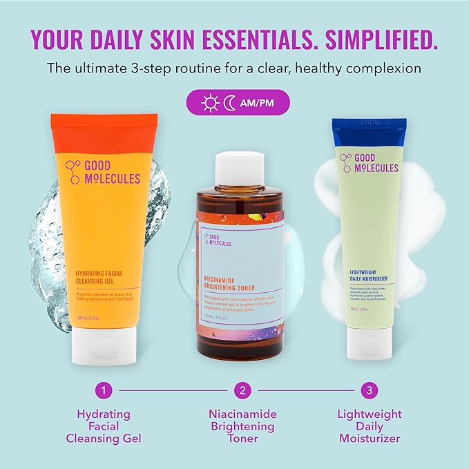 Good Molecules Cleanse, Tone & Moisturize Skincare Set – Hydrating Facial Cleansing Gel (200ml), Niacinamide Brightening Toner (120ml) & Lightweight Daily Moisturizer (100ml)