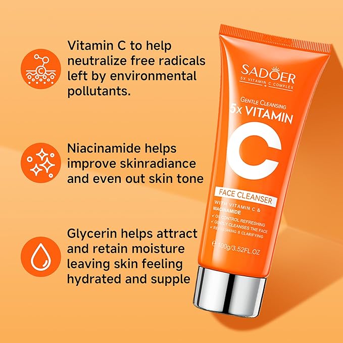 5X Vitamin C Face Cleanser 100g(2 Bottle),SADOER Facial cleanser Niacinamide & Hyaluronic Acid, Gentle Pore Refining Daily Wash for Oily &Dull Skin,Clear,Oil Balancing,TIKTOK Popular Skincare Gift