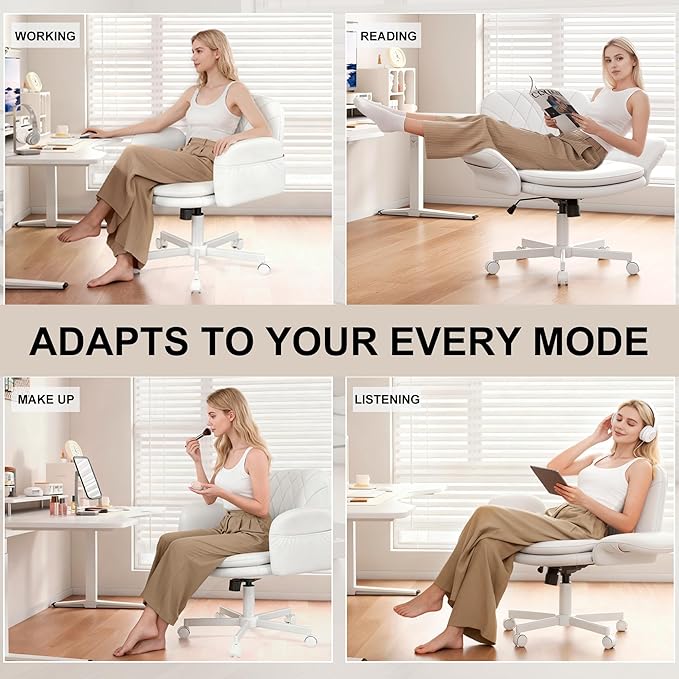 Misolant Criss Cross Chair with Armrests & Wheels for Cross-Legged Sitting, Comfortable PU Leather Vanity Chair, Office Desk Chairs with Adjustable Rocking Function, for Home, Bedroom White