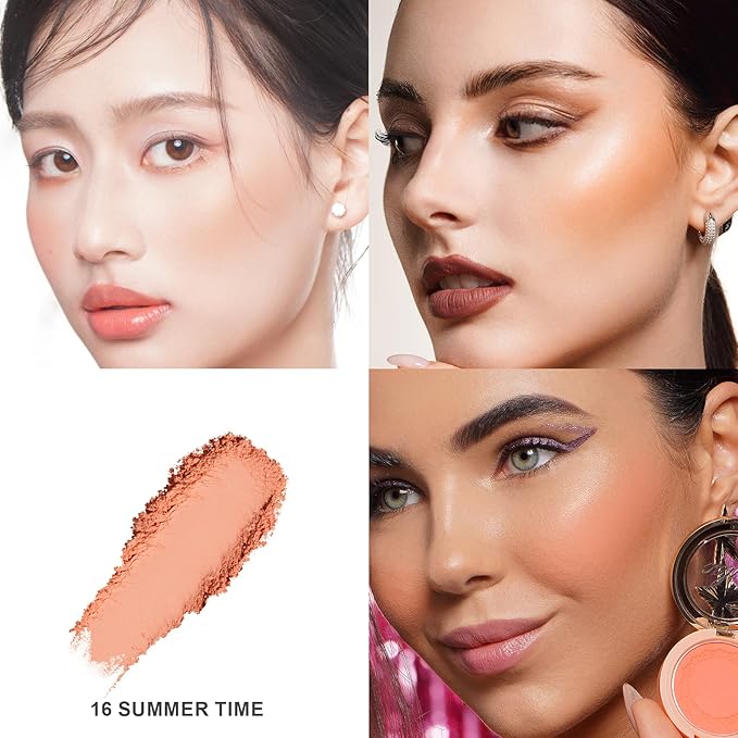 Oulac Peach Blush Makeup Fair Skin| Pigmented Powder Blush Korean Style| Natural Radiant Look| Blendable & Buildable Blush Light Skin| Vegan Cruelty-Free| 4.8g 16 Summer Time