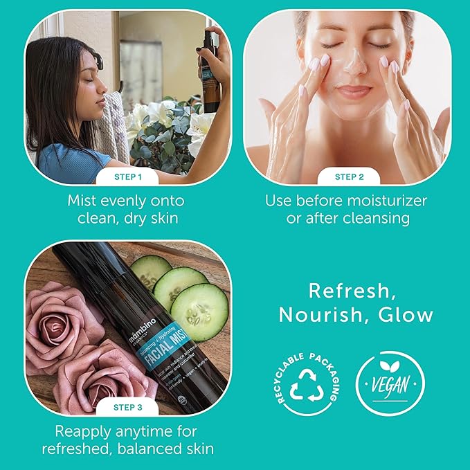 Mambino Organics Hydrating Facial Mist & Toner, Organic Rose Water Face Mist with Cucumber, Vegan Facial Spray for Sensitive Skin, Cruelty-Free Skincare, 4 fl oz, 2 Pack