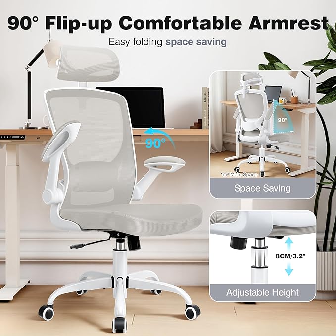Office Desk Chair, Ergonomic Mesh Office Chair with Adjustable Lumbar Support, Headrest, Flip-up Armrests, Comfortable Computer Chairs for Home, Work, Gaming, (Light Gray, 4 Pack)