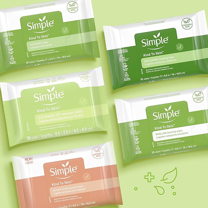 Simple Kind to Skin Facial Wipes Gentle and Effective Makeup Remover Cleansing Free from color and dye artificial perfume and harsh chemicals 25 Wipes (Pack of 3)