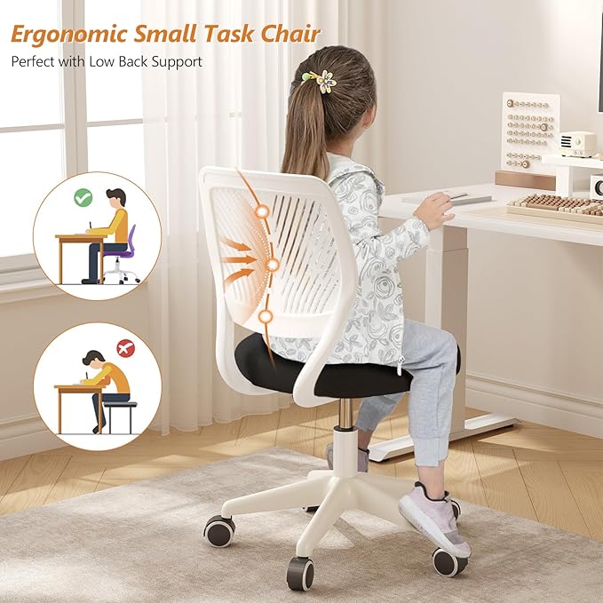 Small Desk Chair Armless Task Chair with Soft Padded Cushion Height Adjustable Swivel Rolling Comfortable Study Computer Chair for Kids Girls Boys Teens