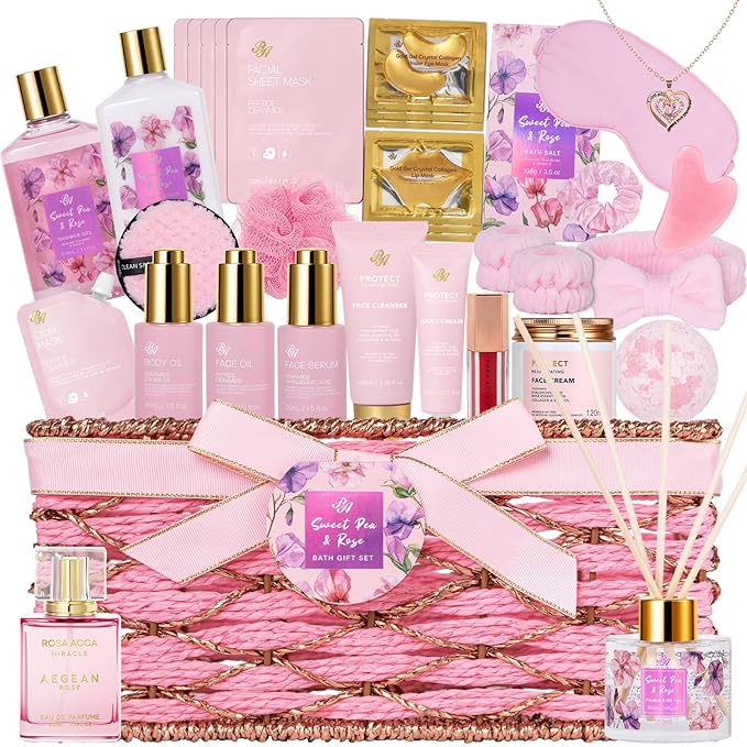 35 Pcs Valentines Day Gifts Basket for Women, Rose Bath and Body Gift, Facial Skin Care Set, Self Care Pampering Kit, Face Sheet Mask, Home Spa, Perfume, Birthday, Mother Day, Bridal Shower