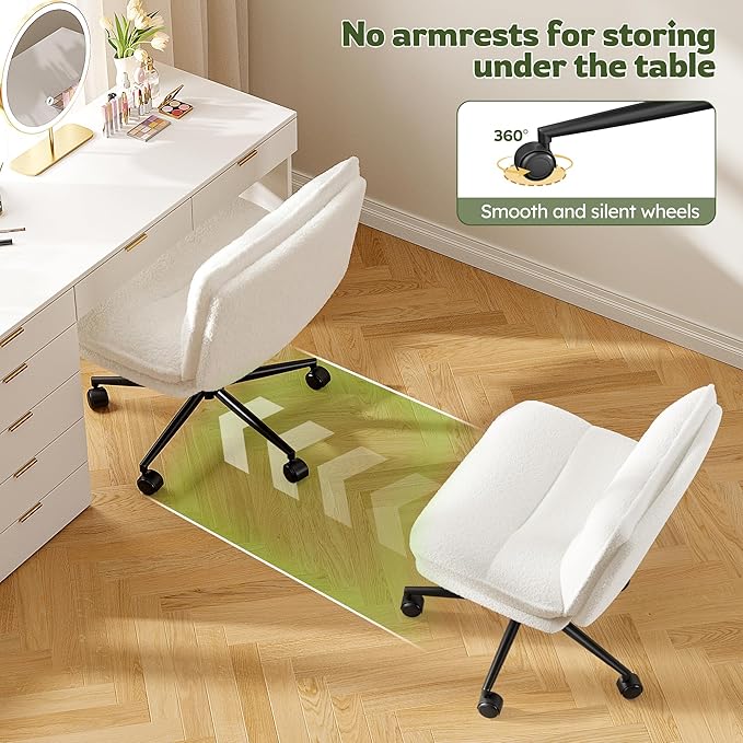 Criss Cross Chair with Wheels, 7" Extra Thick Cross Legged Office Chair, Height Adjustable Swivel Design for Home Office, Study & Vanity,White